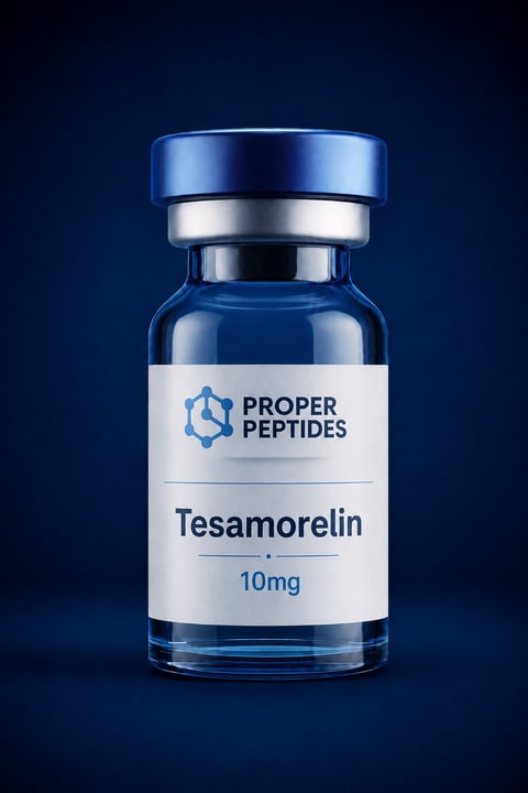 Tesamorelin 10mg vial by Proper Peptides with blue cap on dark blue background
