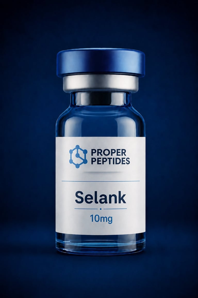 Blue glass vial with silver and blue cap containing Proper Peptides Selank 10mg peptide solution on dark blue background