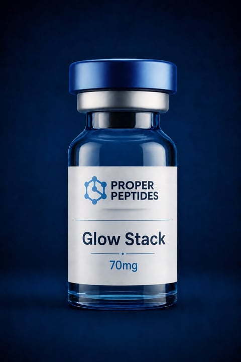 Proper Peptides Glow Stack 70mg vial with blue cap on dark blue background