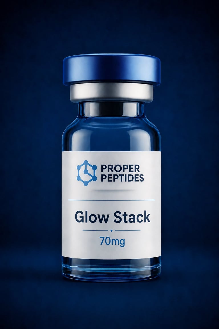 Proper Peptides Glow Stack 70mg vial with blue cap on dark blue background