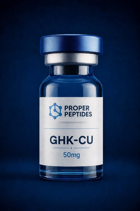 Vial of Proper Peptides GHK-CU 50mg peptide solution with blue cap on dark blue background