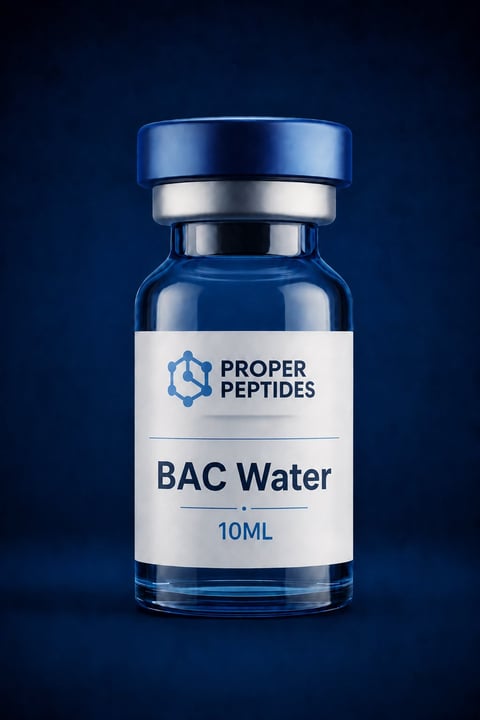 Blue glass vial of BAC Water 10ML by Proper Peptides with metal cap on dark blue background