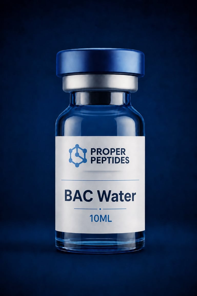 Blue glass vial of BAC Water 10ML by Proper Peptides with metal cap on dark blue background