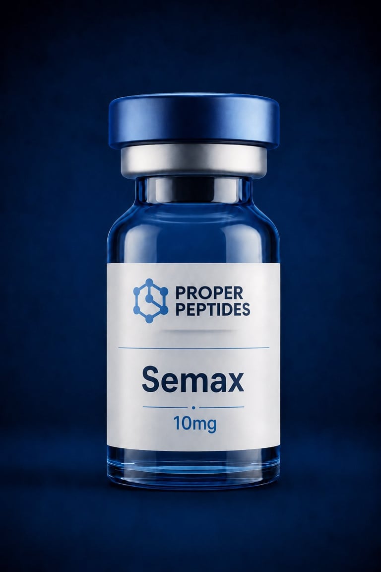 Blue glass vial with metal cap labeled Proper Peptides Semax 10mg on dark blue background
