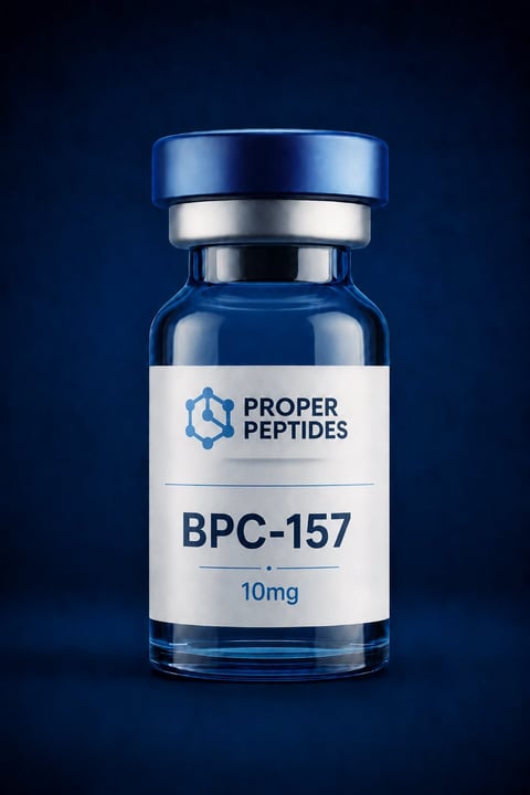 Blue glass vial labeled Proper Peptides BPC-157 10mg with silver cap on dark blue background