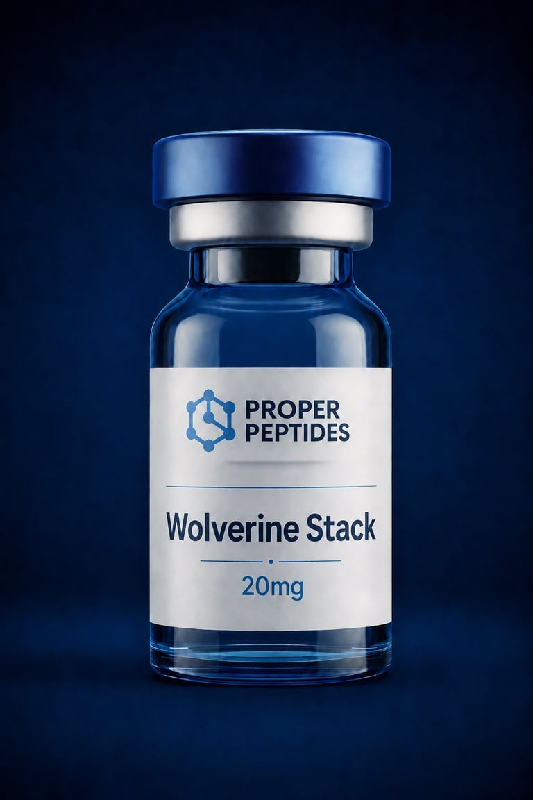 Proper Peptides Wolverine Stack 20mg vial with blue metallic cap on dark blue background
