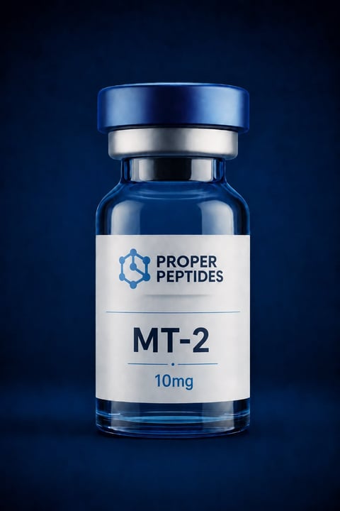 MT-2 10mg peptide vial by Proper Peptides with blue cap on dark blue background