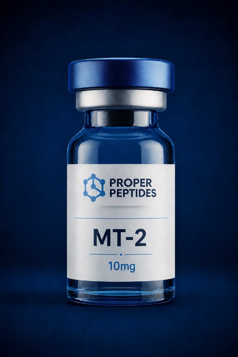 MT-2 10mg peptide vial by Proper Peptides with blue cap on dark blue background