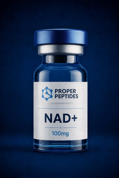 Vial of Proper Peptides NAD+ 100mg supplement on dark blue background